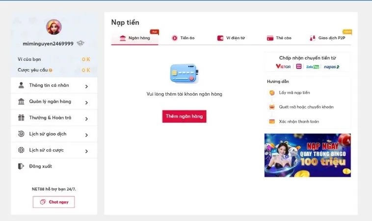 Giao diện nạp tiền MMLive