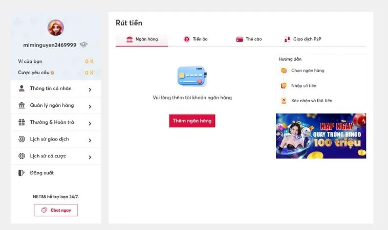 Giao diện rút tiền MMLive