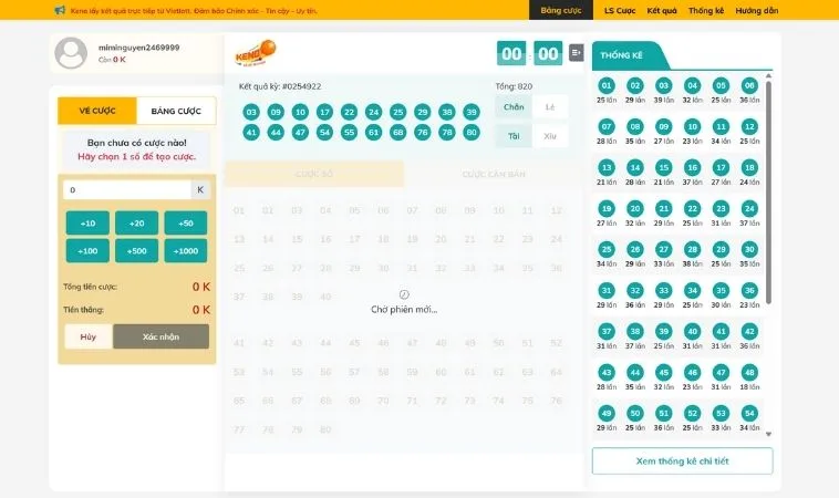 Giao diện chơi game nhanh Keno MMLive
